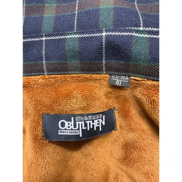 OBULTHEN Shirt Mens Large Blue Green Plaid Fleece Lined Long‎ Sleeve Button Up - Picture 2 of 7